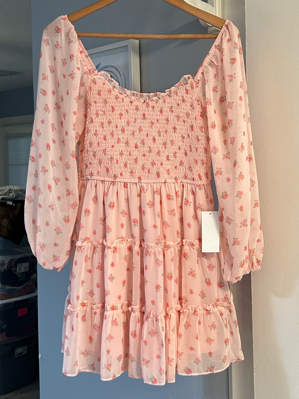 B Darlin Womens Pink Floral Smocked Tiered Mini Floral Dress Junior Size 5/6 NWT